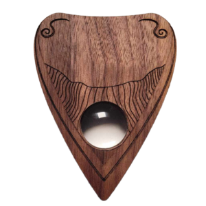Beatus Lignum engraved planchette for ouija board made in walnut with a magnifier piece at the center see from the top